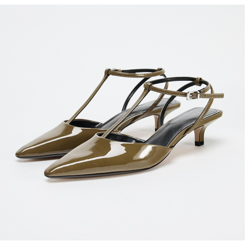 Zara Olive Green Pointed Toe T-Strap Slingback Heels NWT - Picture 13 of 16